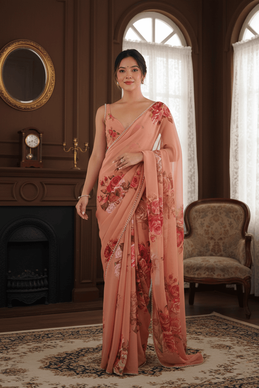 Peach Printed Georgette Lace Saree