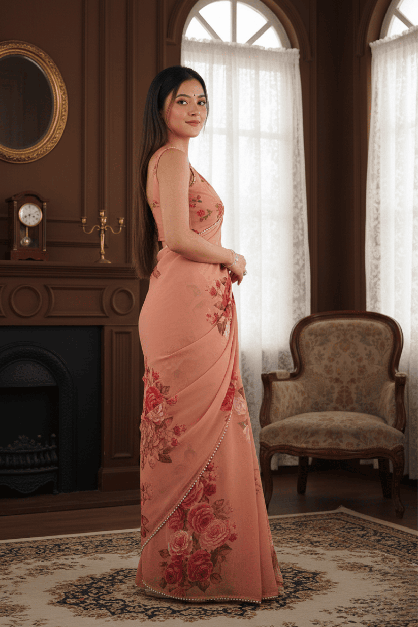 Peach Printed Georgette Lace Saree