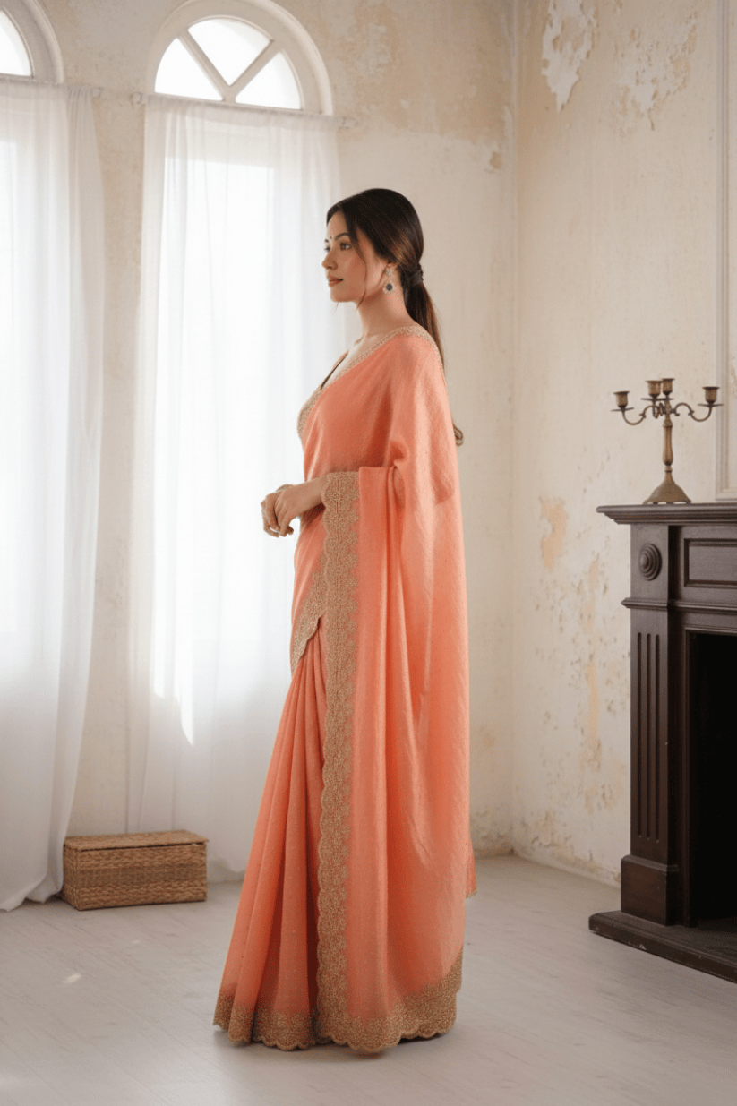 Peach Soft Silk Swarovski Embroidery Saree