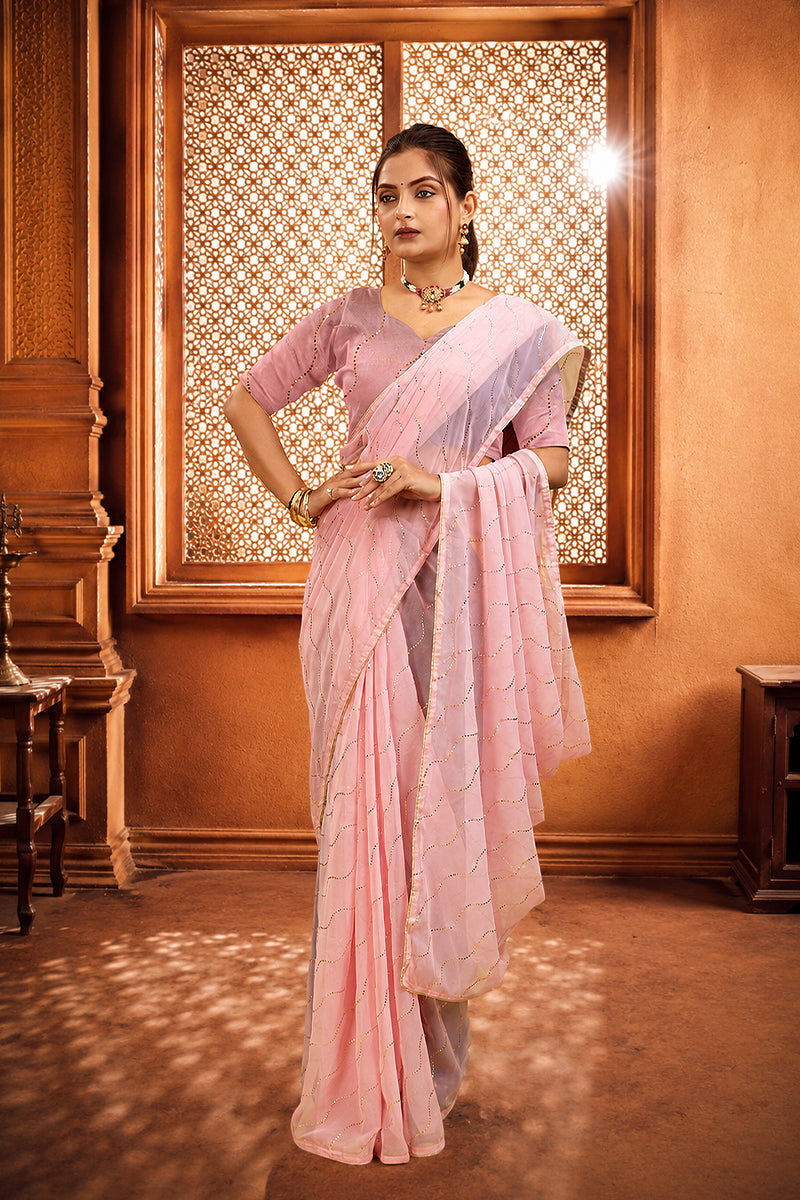 Pink Beaded Swarovski Georgette Fancy Saree