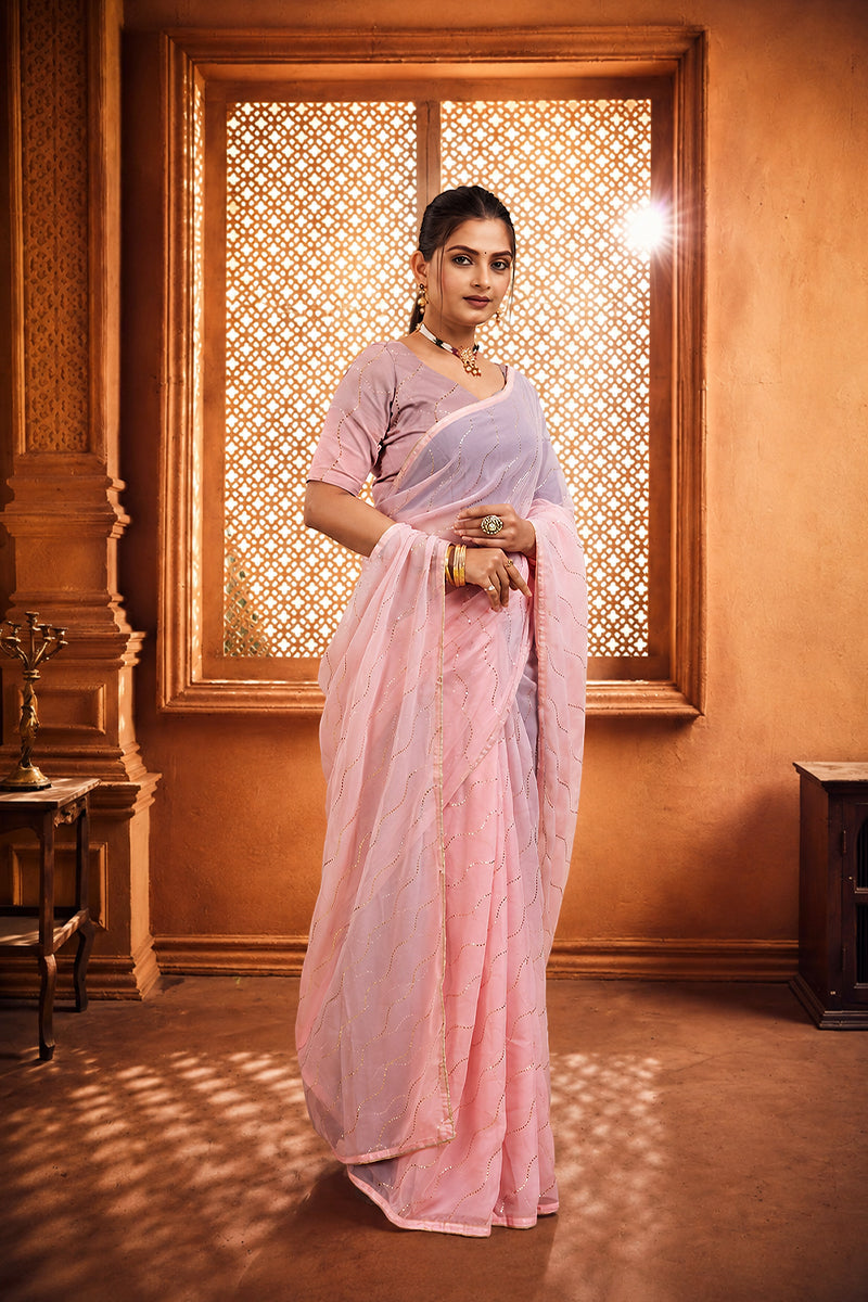 Pink Beaded Swarovski Georgette Fancy Saree