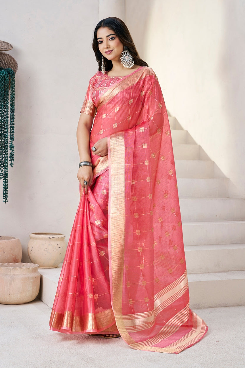 Pink Linen Cotton Zari Silk Weaving Saree