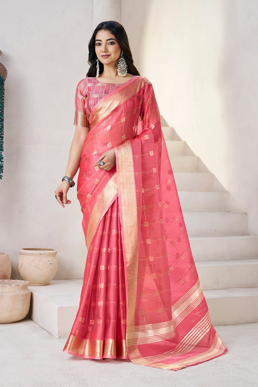 Pink Linen Cotton Zari Silk Weaving Saree