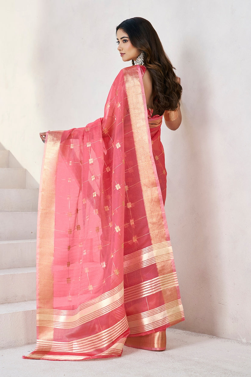 Pink Linen Cotton Zari Silk Weaving Saree