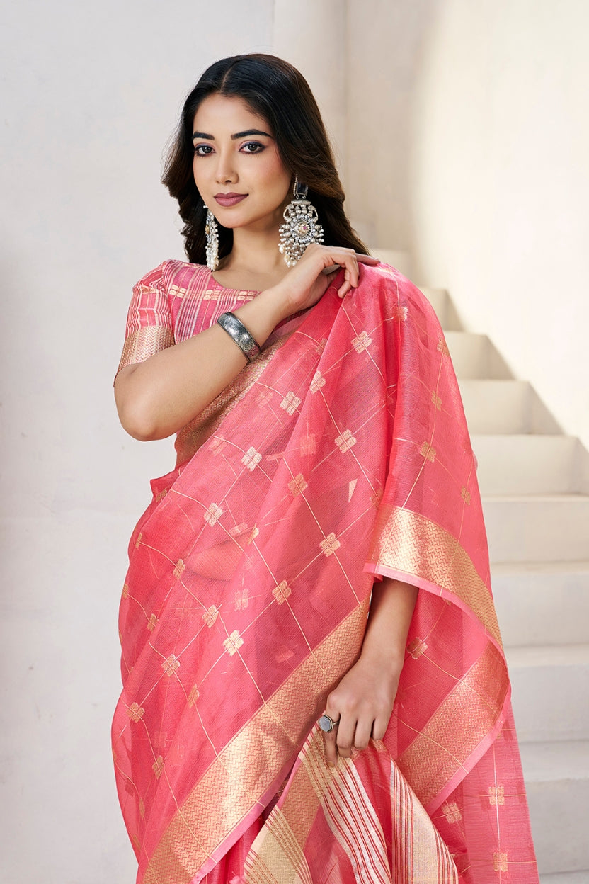 Pink Linen Cotton Zari Silk Weaving Saree