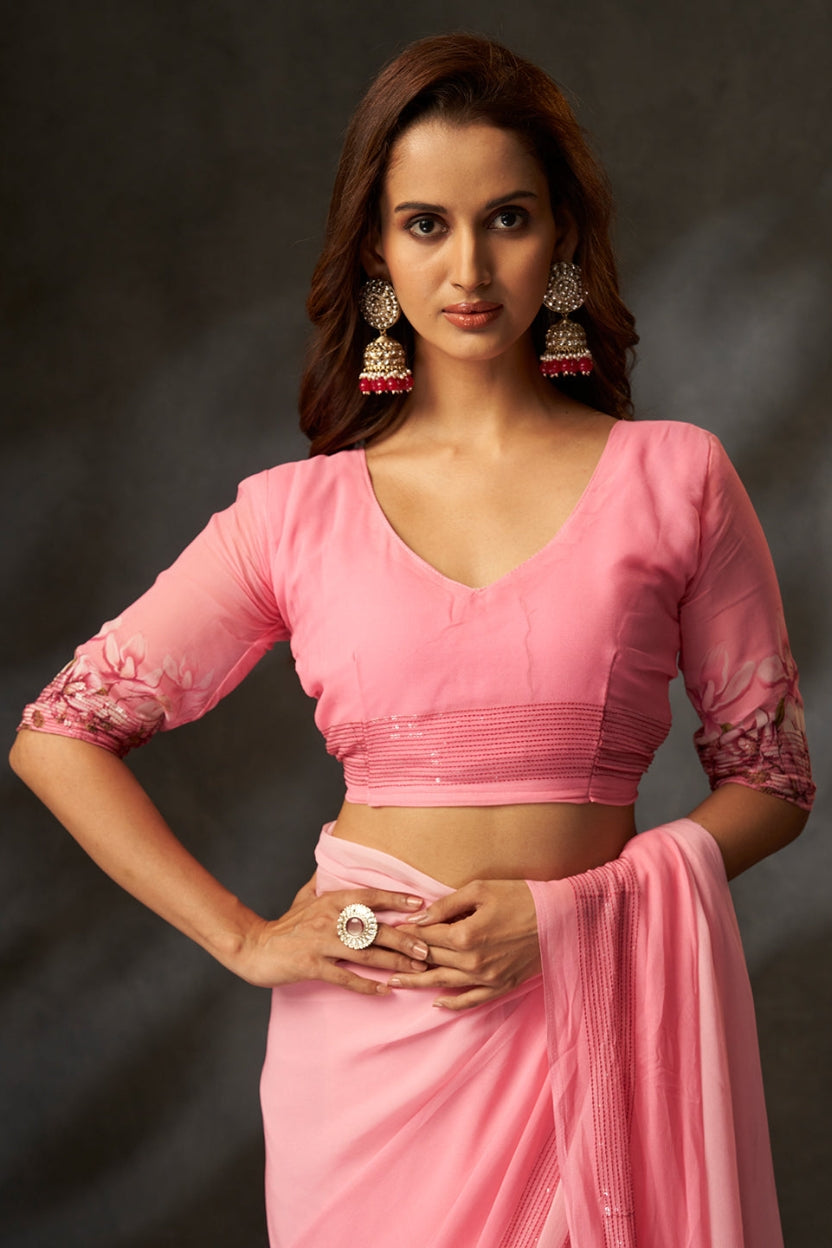 Pink Digital Printed Georgette Saree