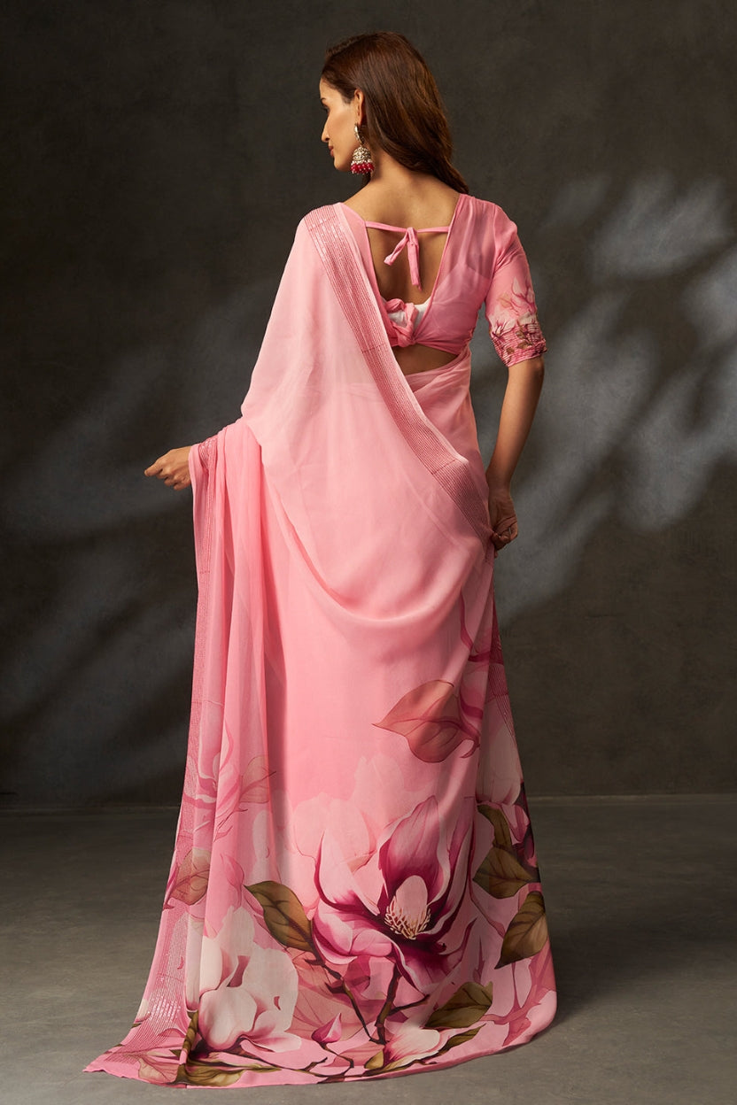 Pink Digital Printed Georgette Saree