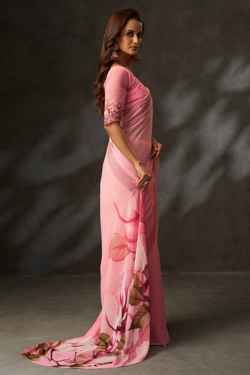 Pink Digital Printed Georgette Saree