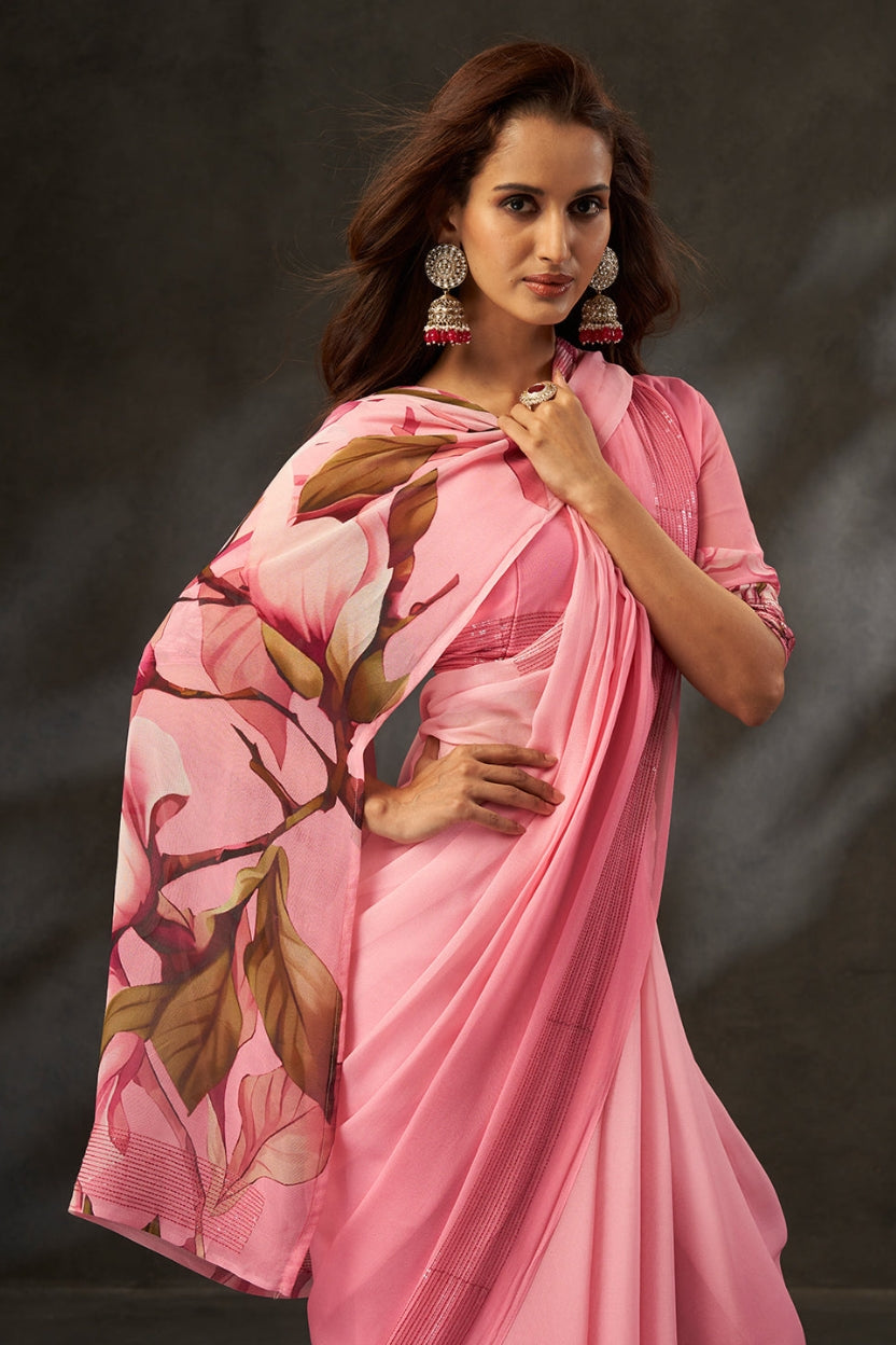 Pink Digital Printed Georgette Saree