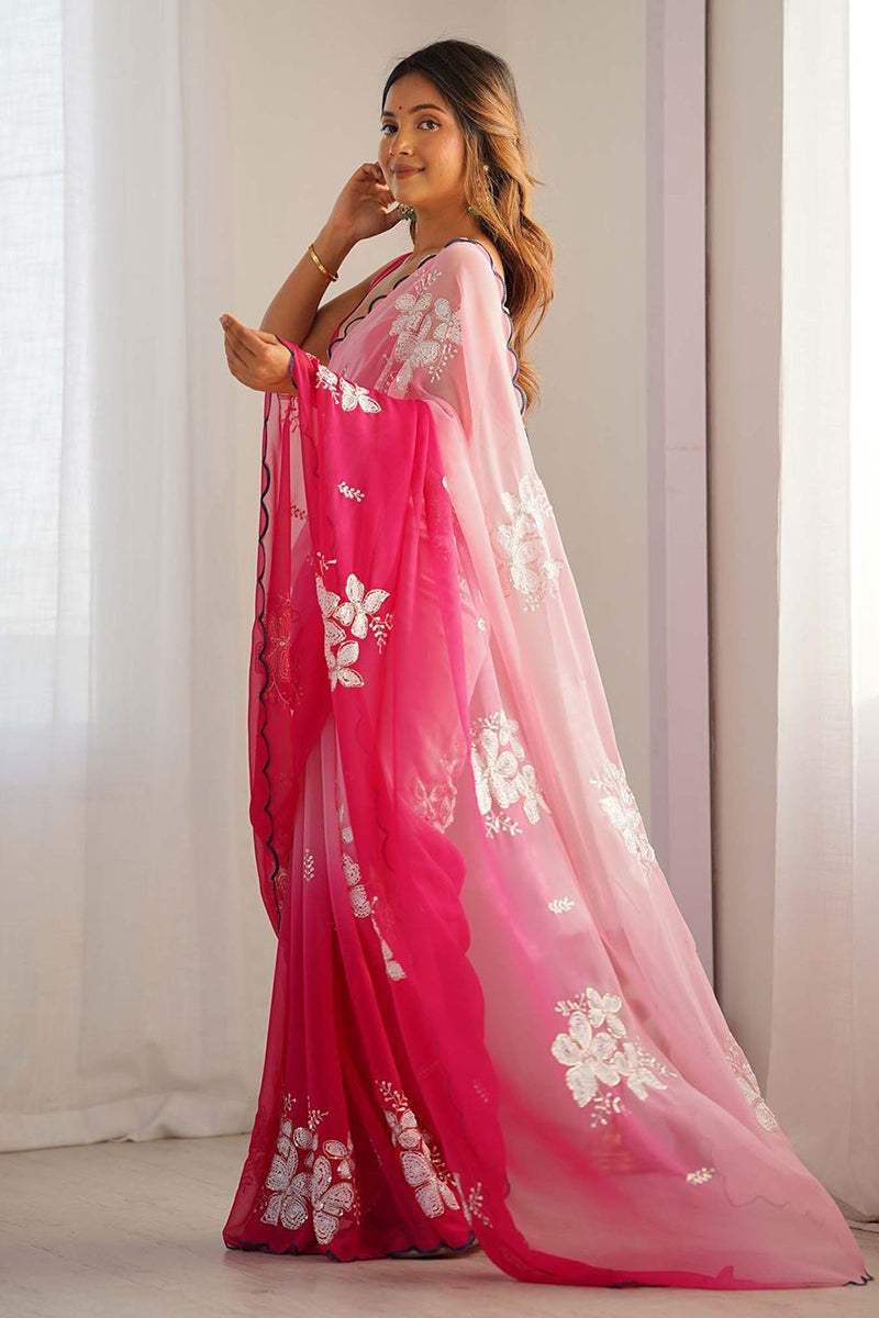Pink Embroidery Work Georgette Saree