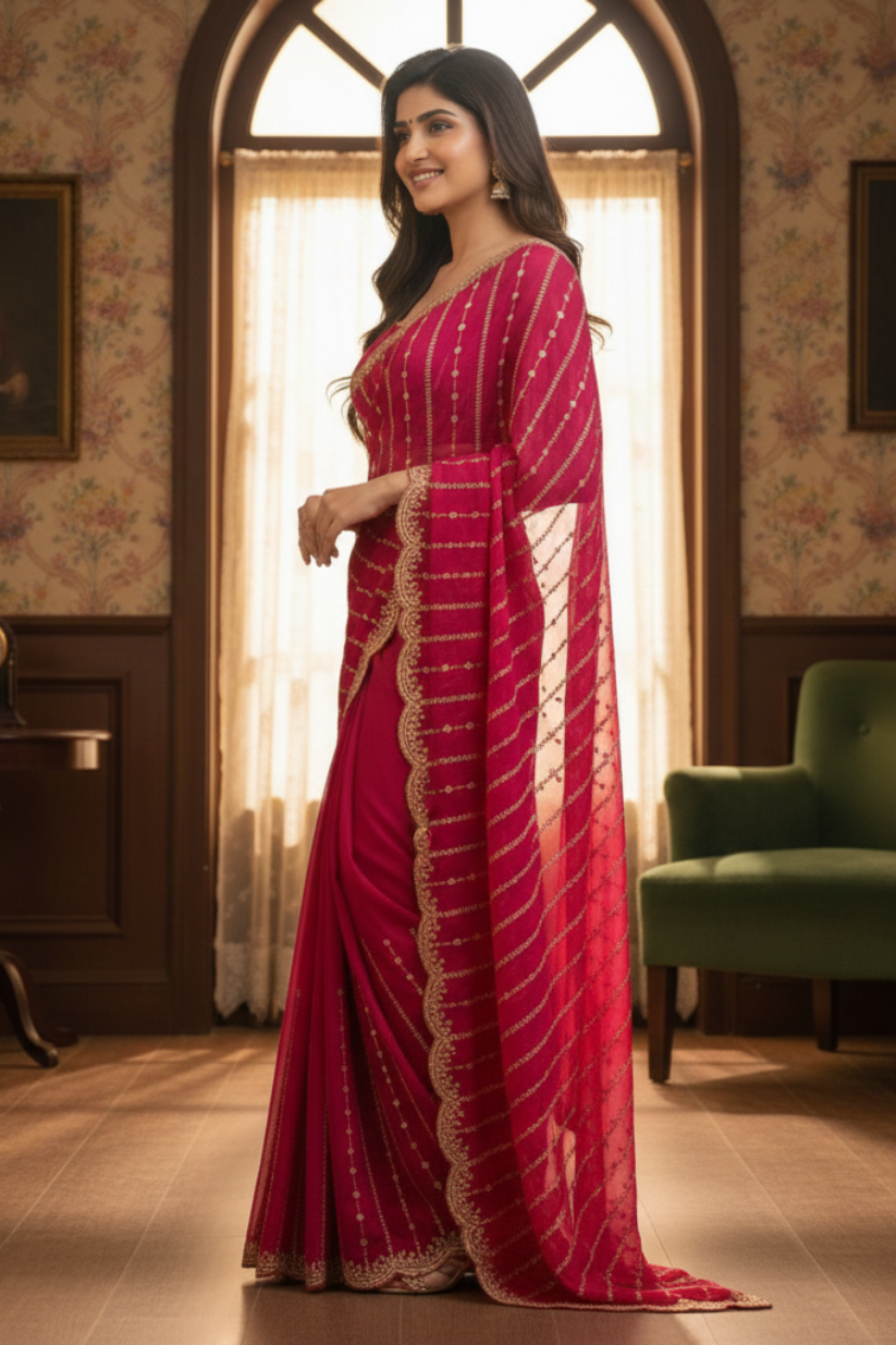 Pink Fendi Satin Embroidery Saree