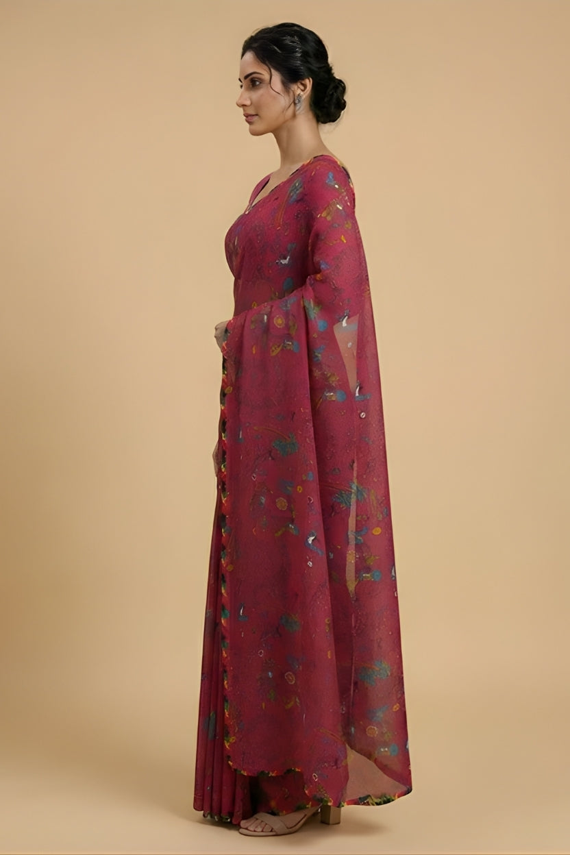 Pink Floral Printed Georgette Saree