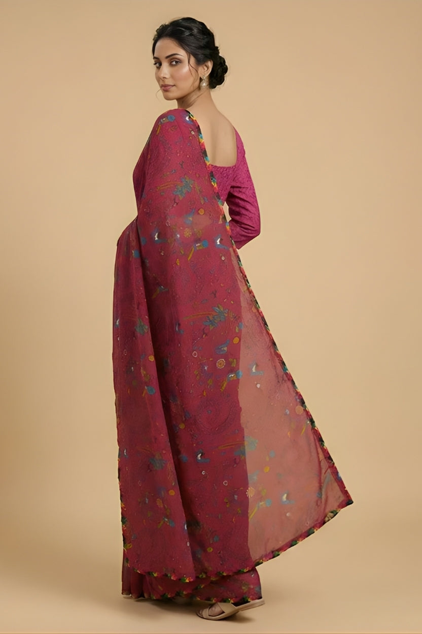 Pink Floral Printed Georgette Saree