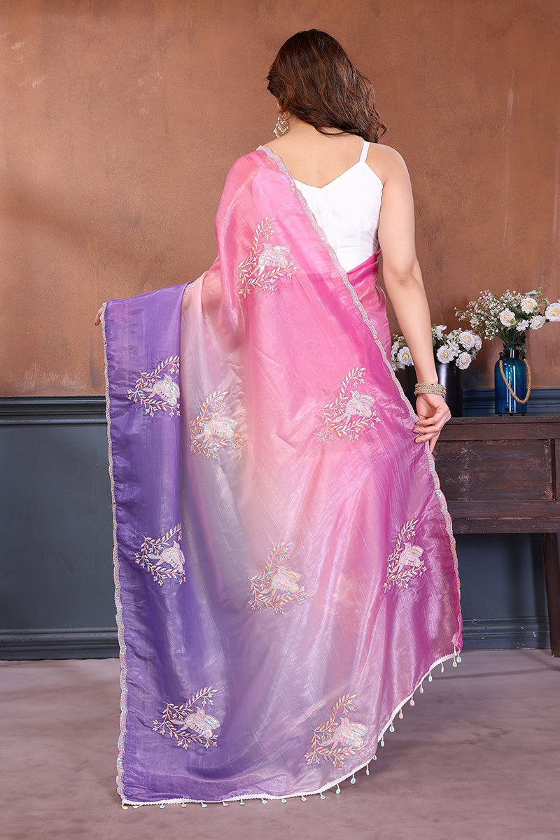 Pink Lavender Dual Shade Embroidered Saree