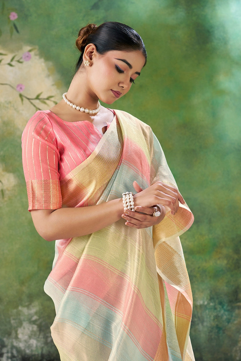 Pink Linen Cotton Zari Weaving Saree