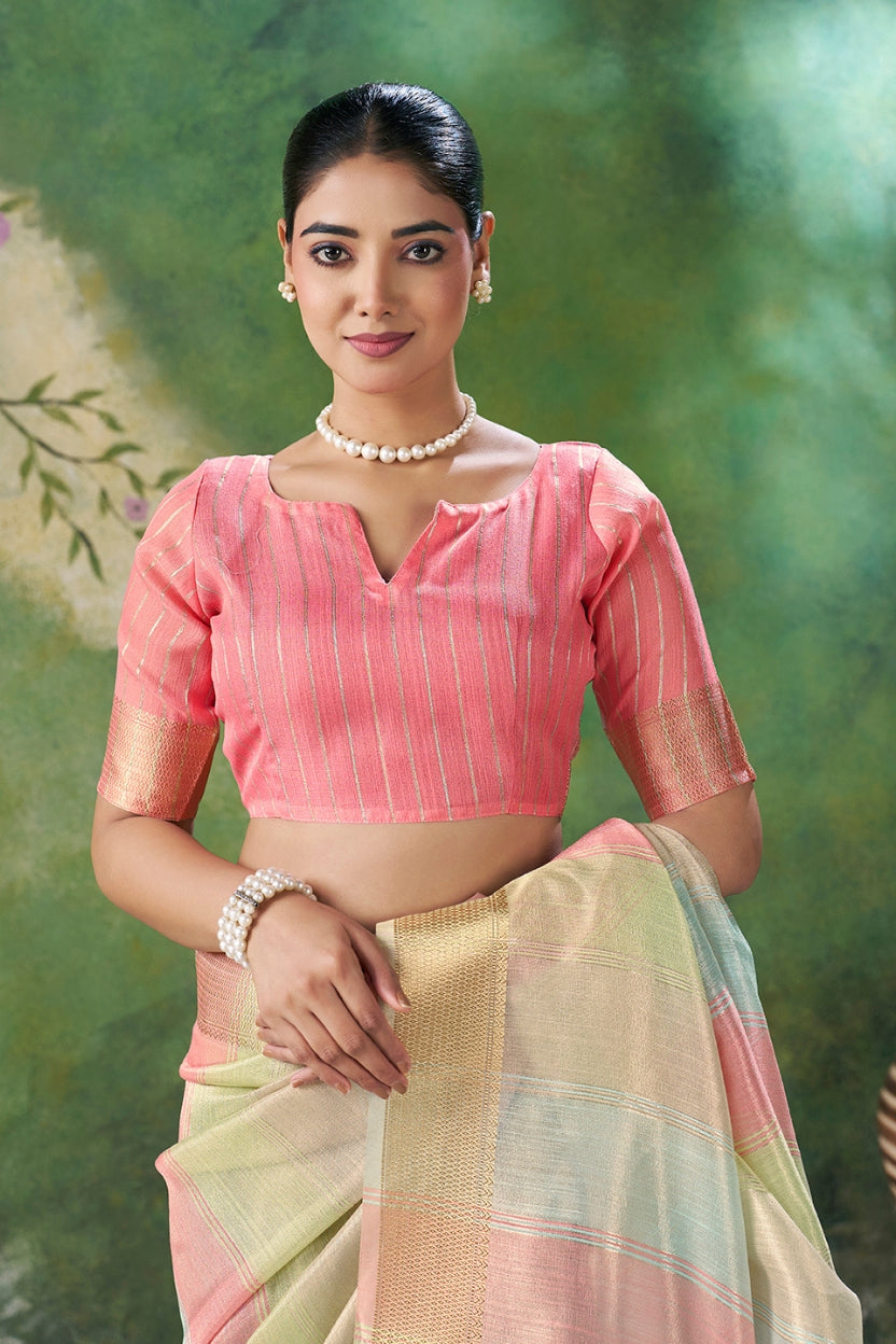 Pink Linen Cotton Zari Weaving Saree