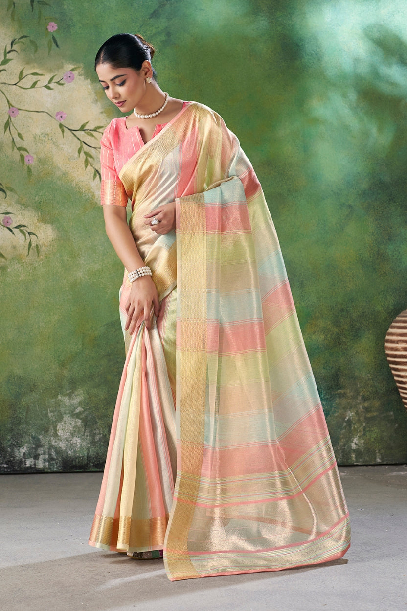 Pink Linen Cotton Zari Weaving Saree