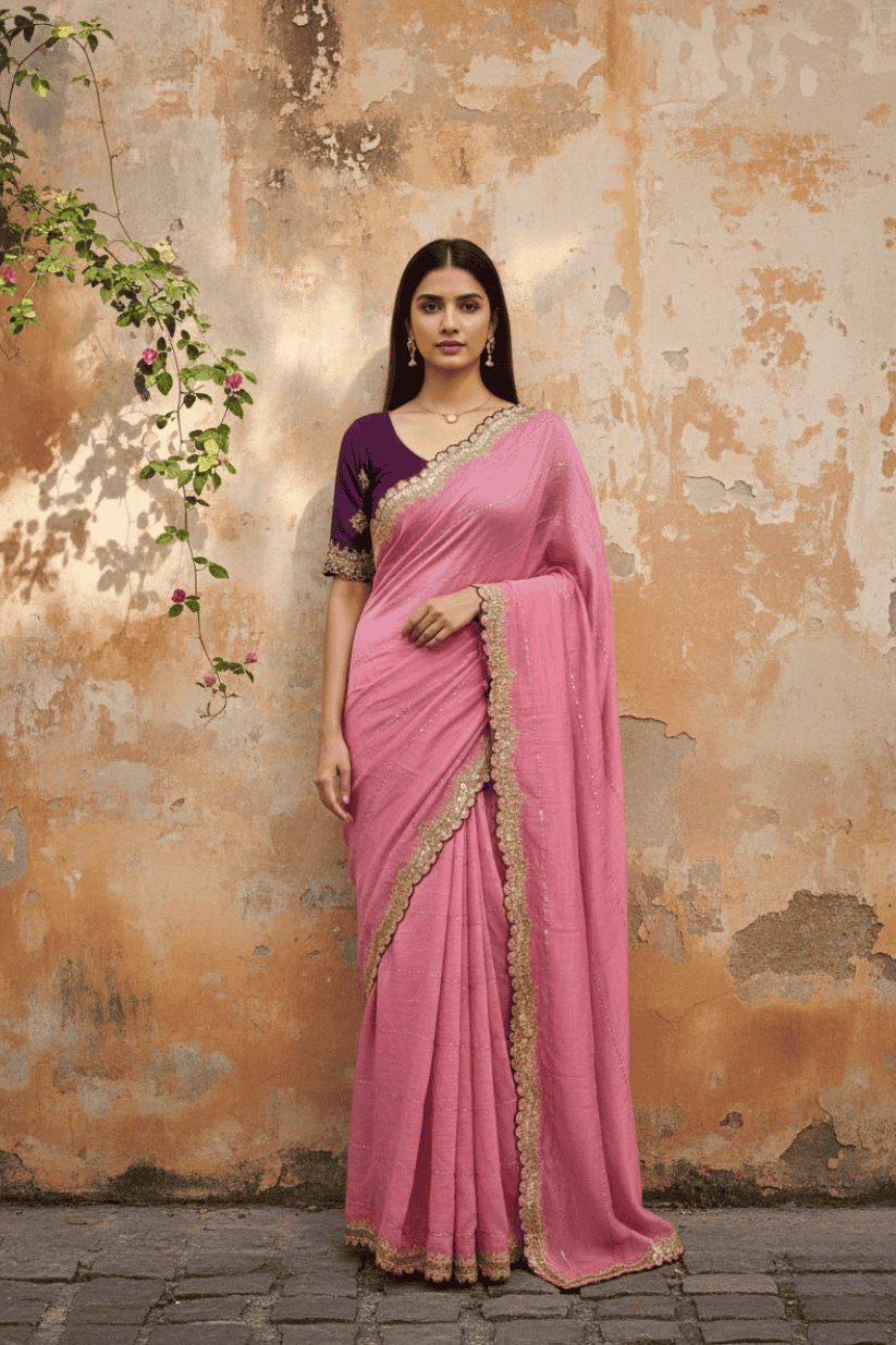 Pink Sequined Embroidered Zari Work Saree