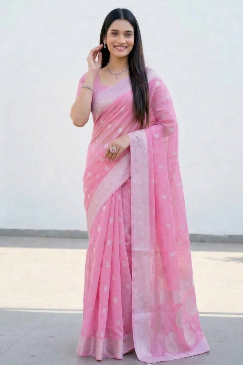 Pink Soft Cotton Silk Saree