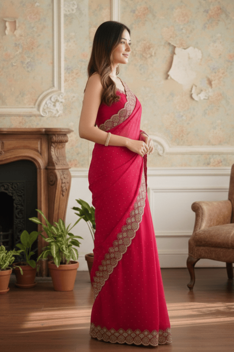 Pink Soft Silk Swarovski Embroidery Saree