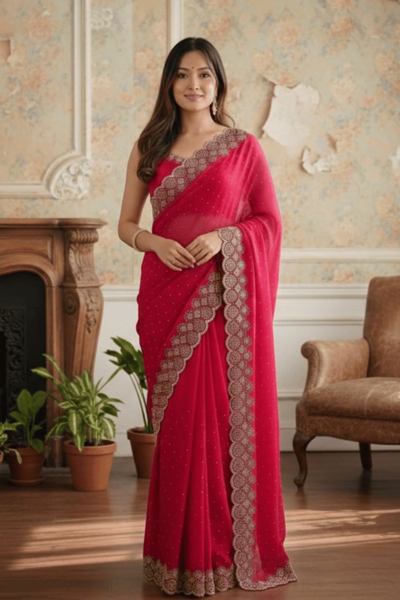 Pink Soft Silk Swarovski Embroidery Saree