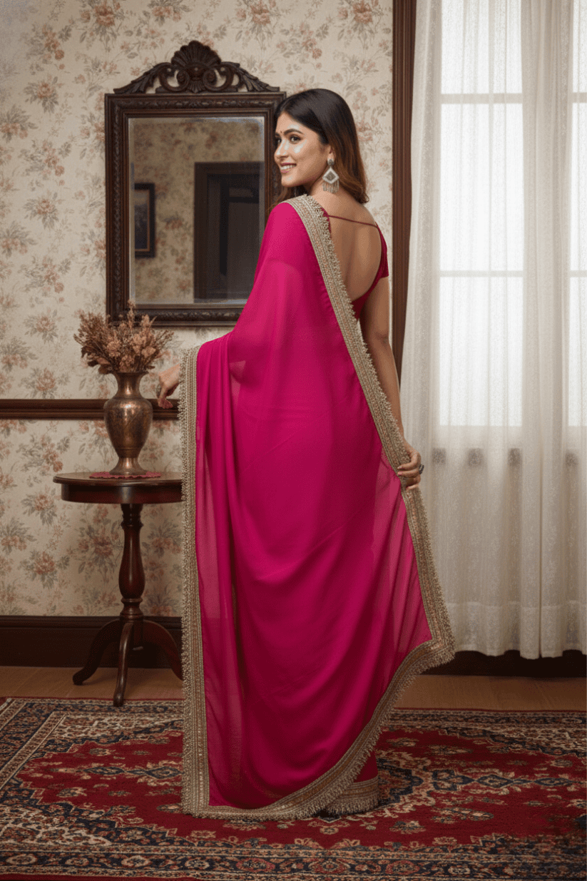 Pink Solid Georgette Lace Saree