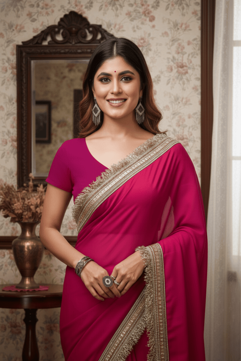 Pink Solid Georgette Lace Saree