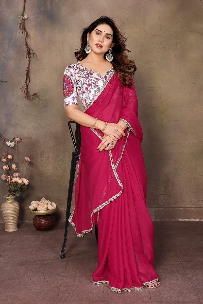 Pink Solid Plain Georgette Saree