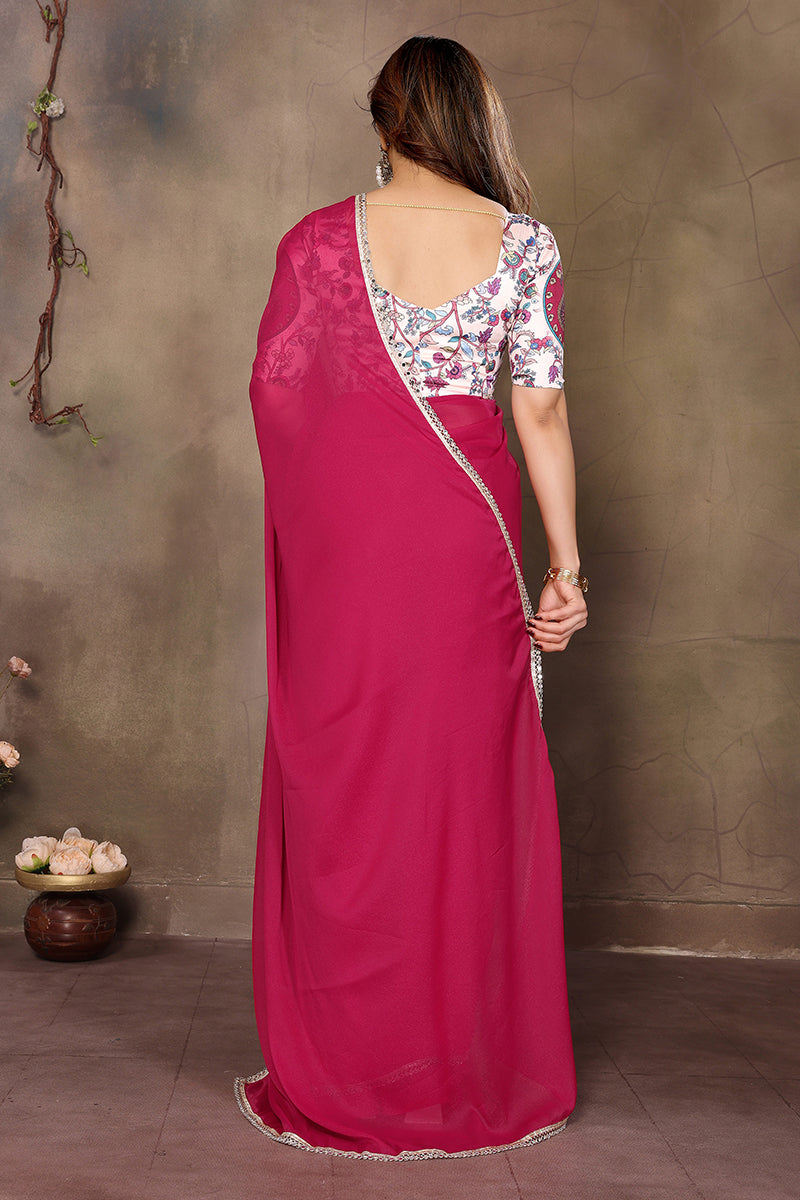 Pink Solid Plain Georgette Saree