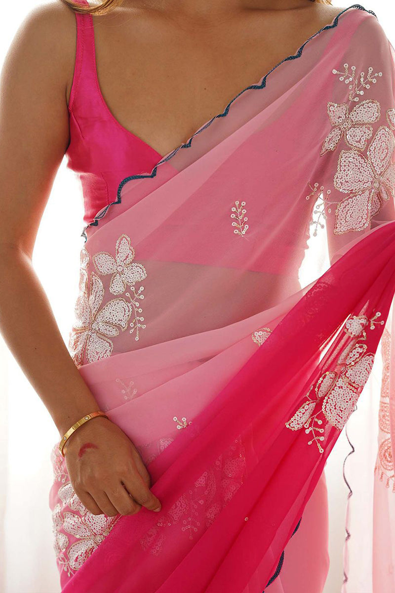Pink Embroidery Work Georgette Saree
