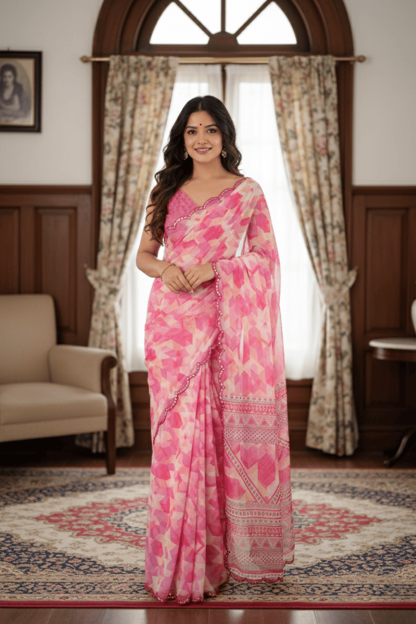 Pink Printed Mirror Work Georgette Saree