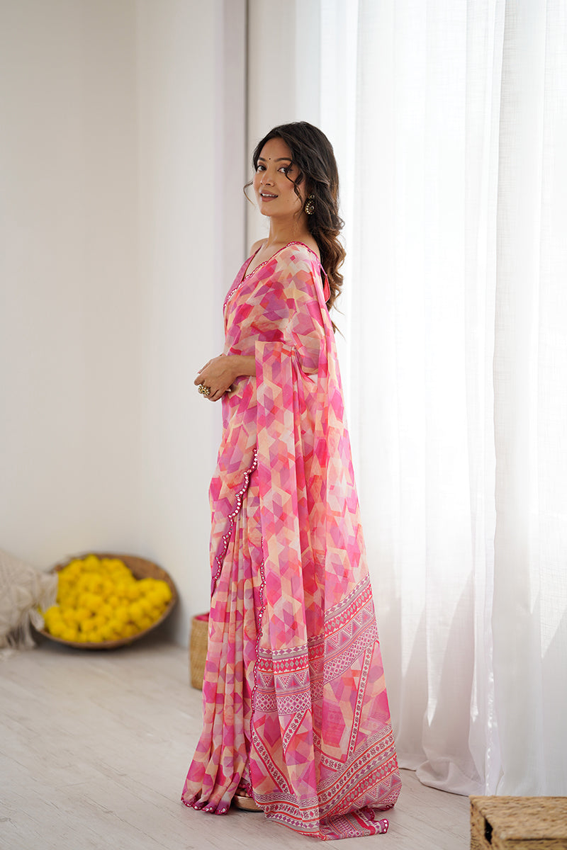 Pink Printed Mirror Work Georgette Saree