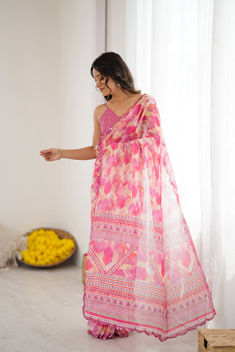 Pink Printed Mirror Work Georgette Saree