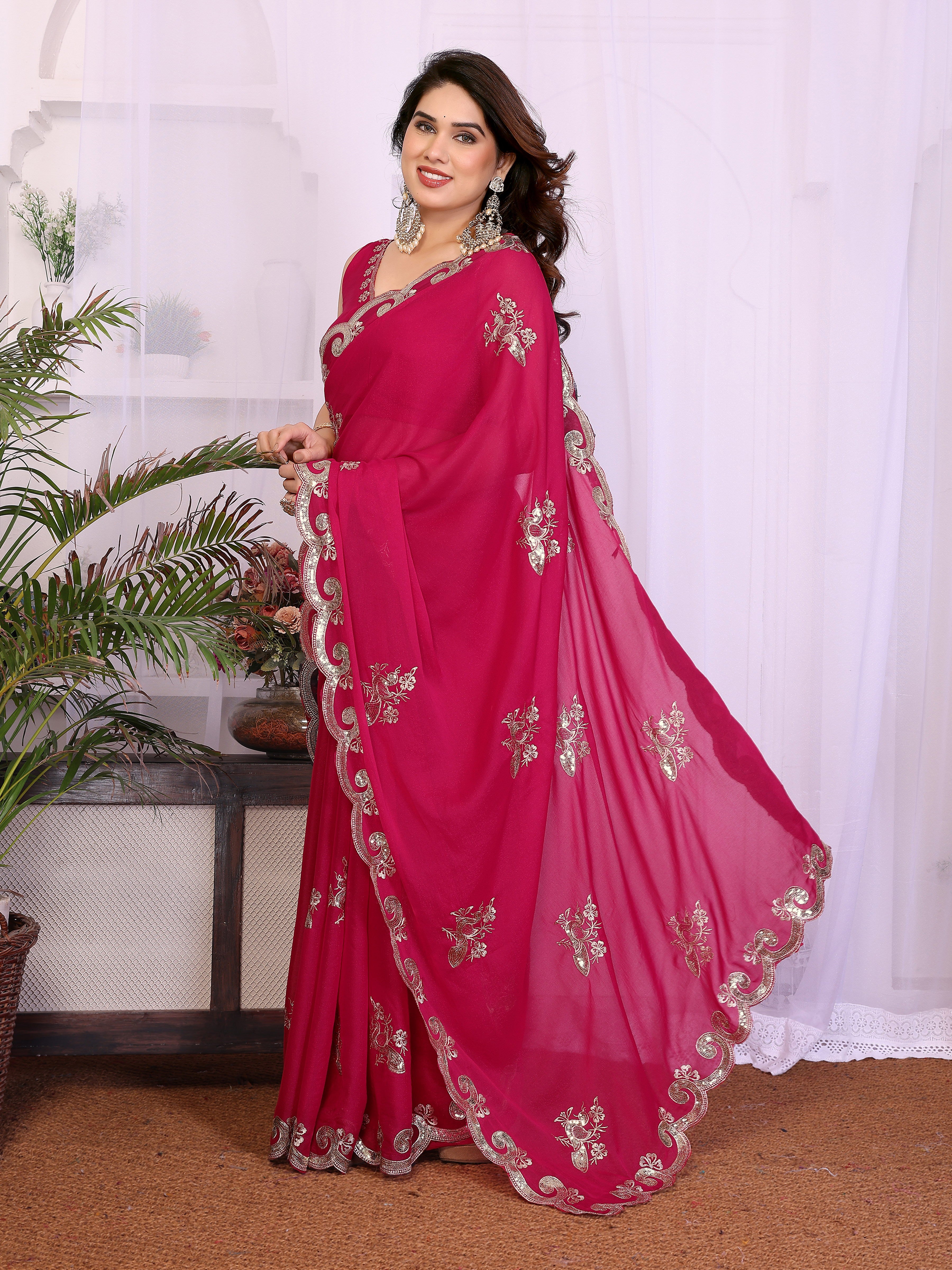 Pink Star Georgette Embroidered Saree