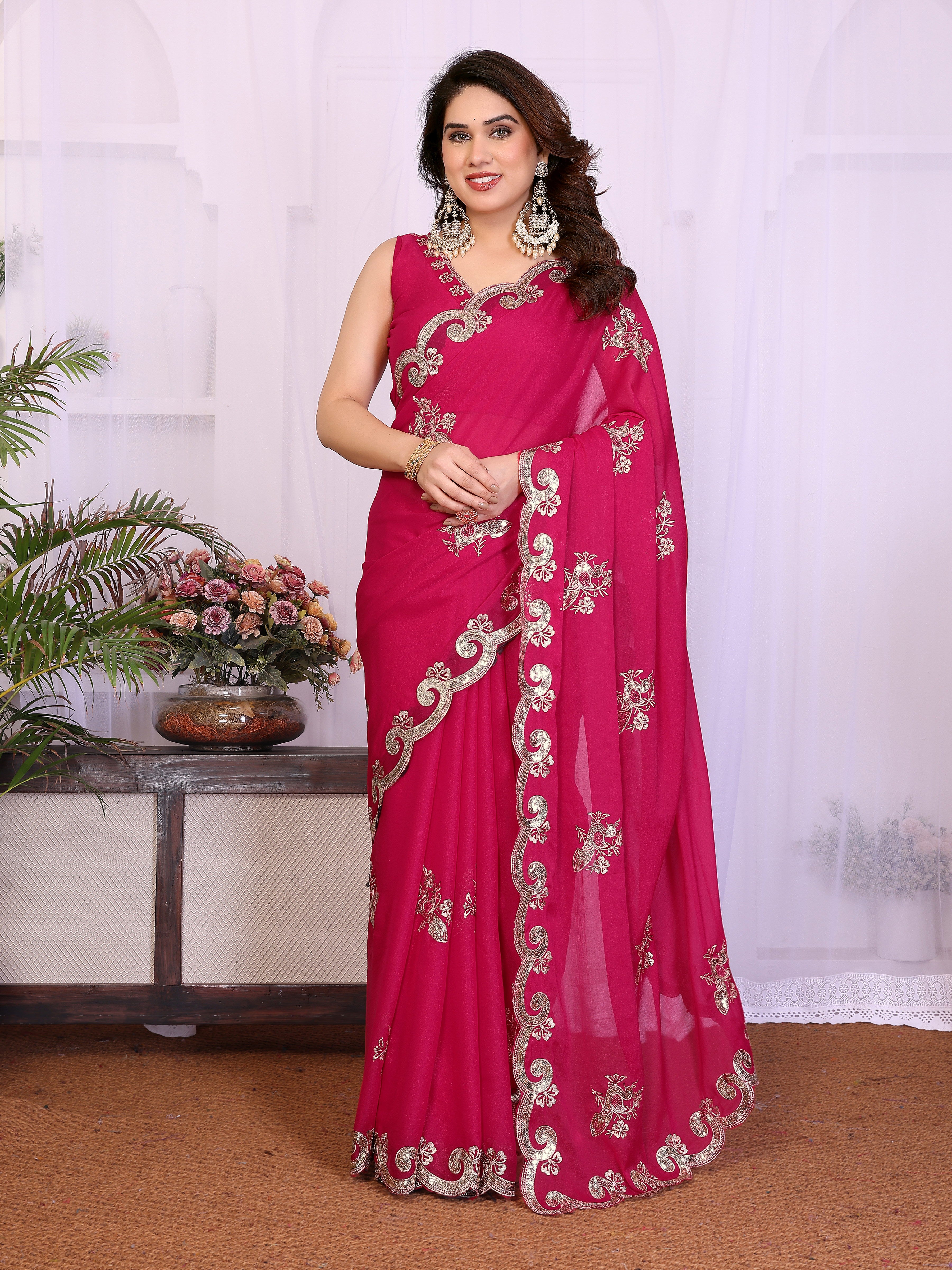 Pink Star Georgette Embroidered Saree