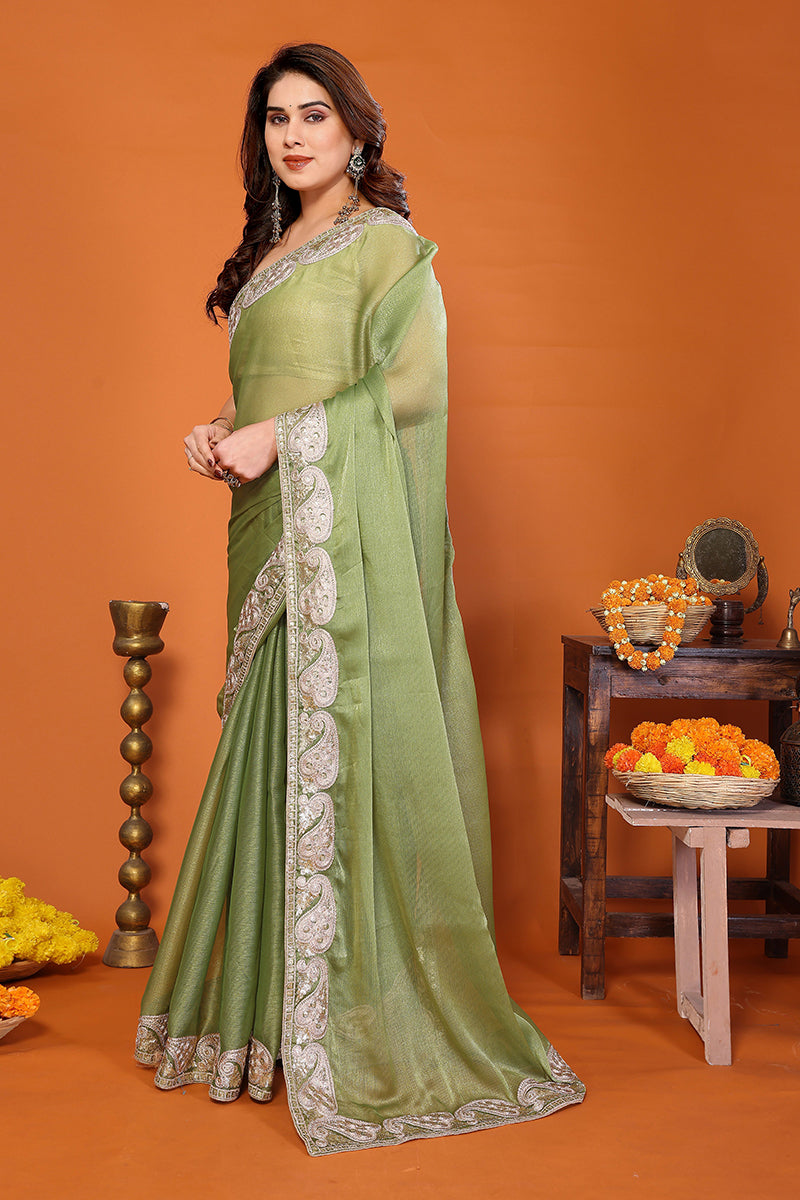 Pista Chiffon Embroidered Saree