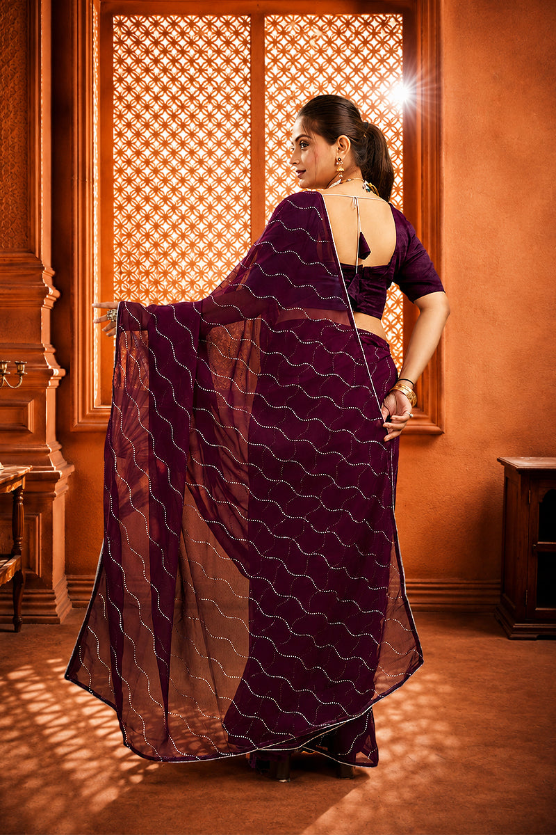 Purple Beaded Swarovski Georgette Fancy Saree