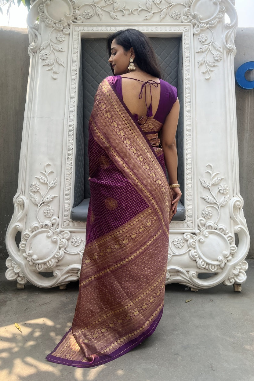 Purple Checkered Silk Blend Saree