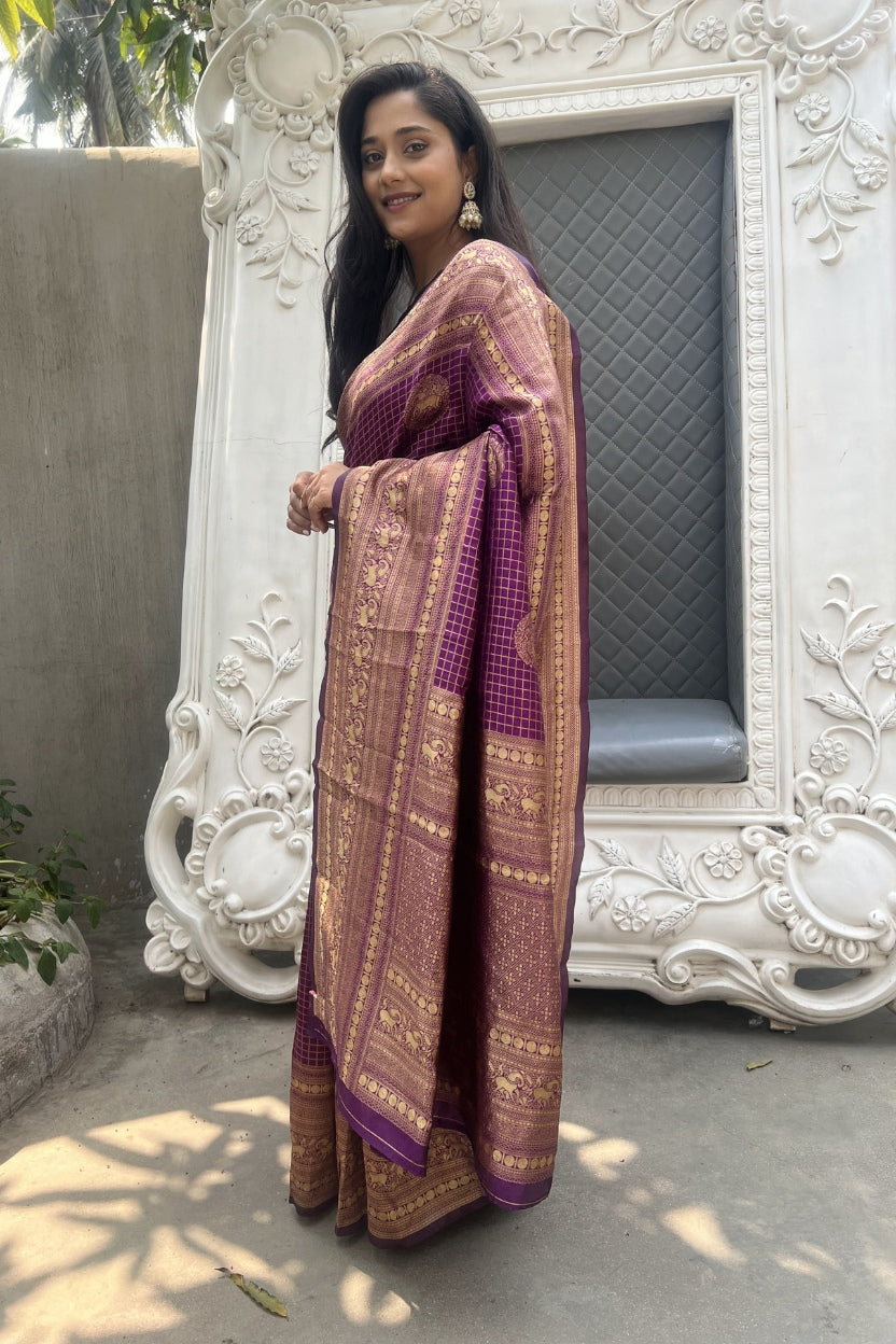 Purple Checkered Silk Blend Saree