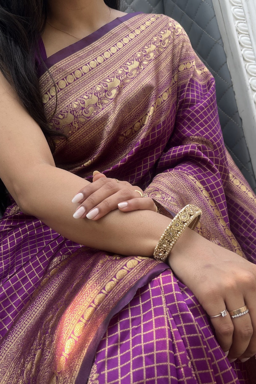 Purple Checkered Silk Blend Saree