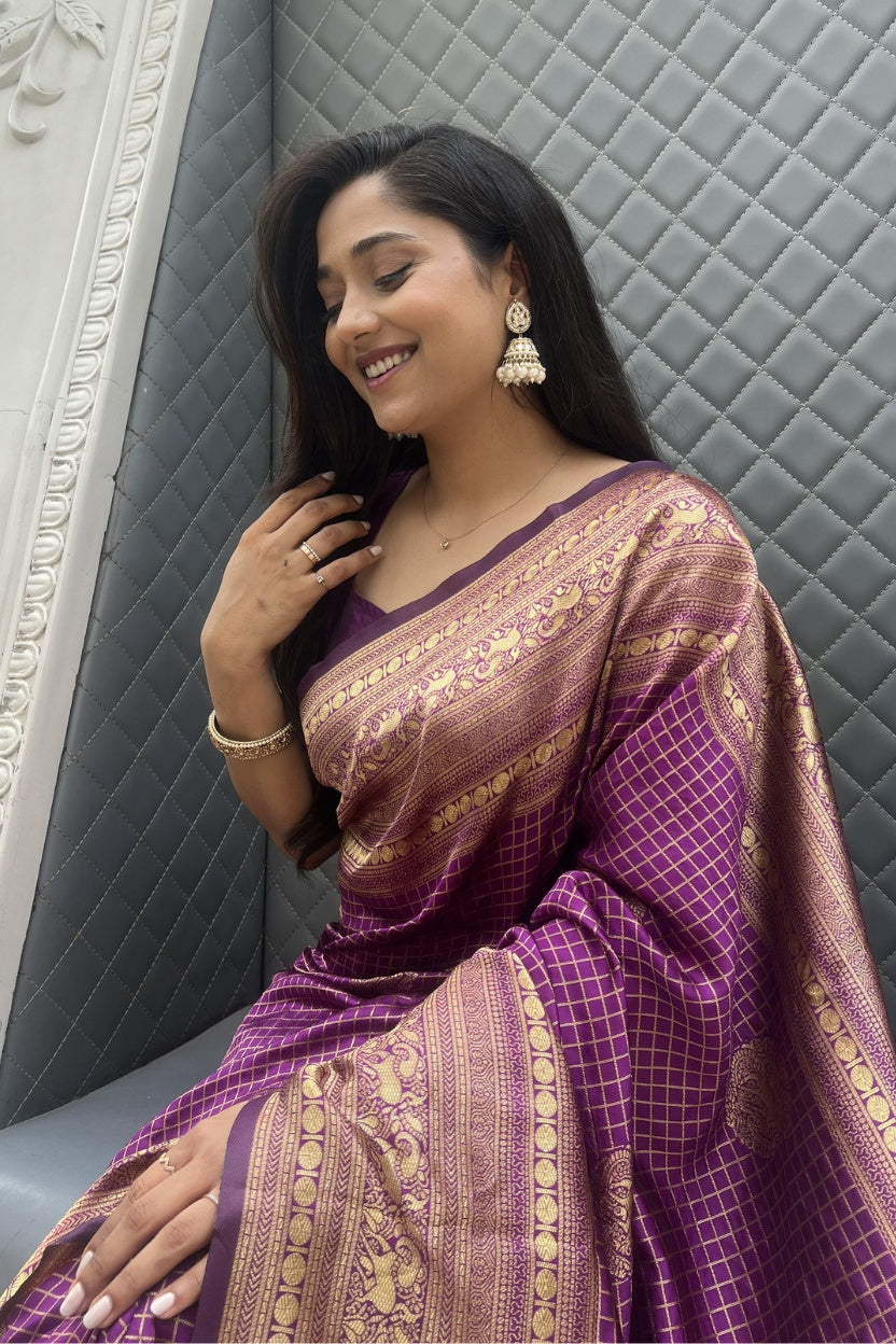 Purple Checkered Silk Blend Saree
