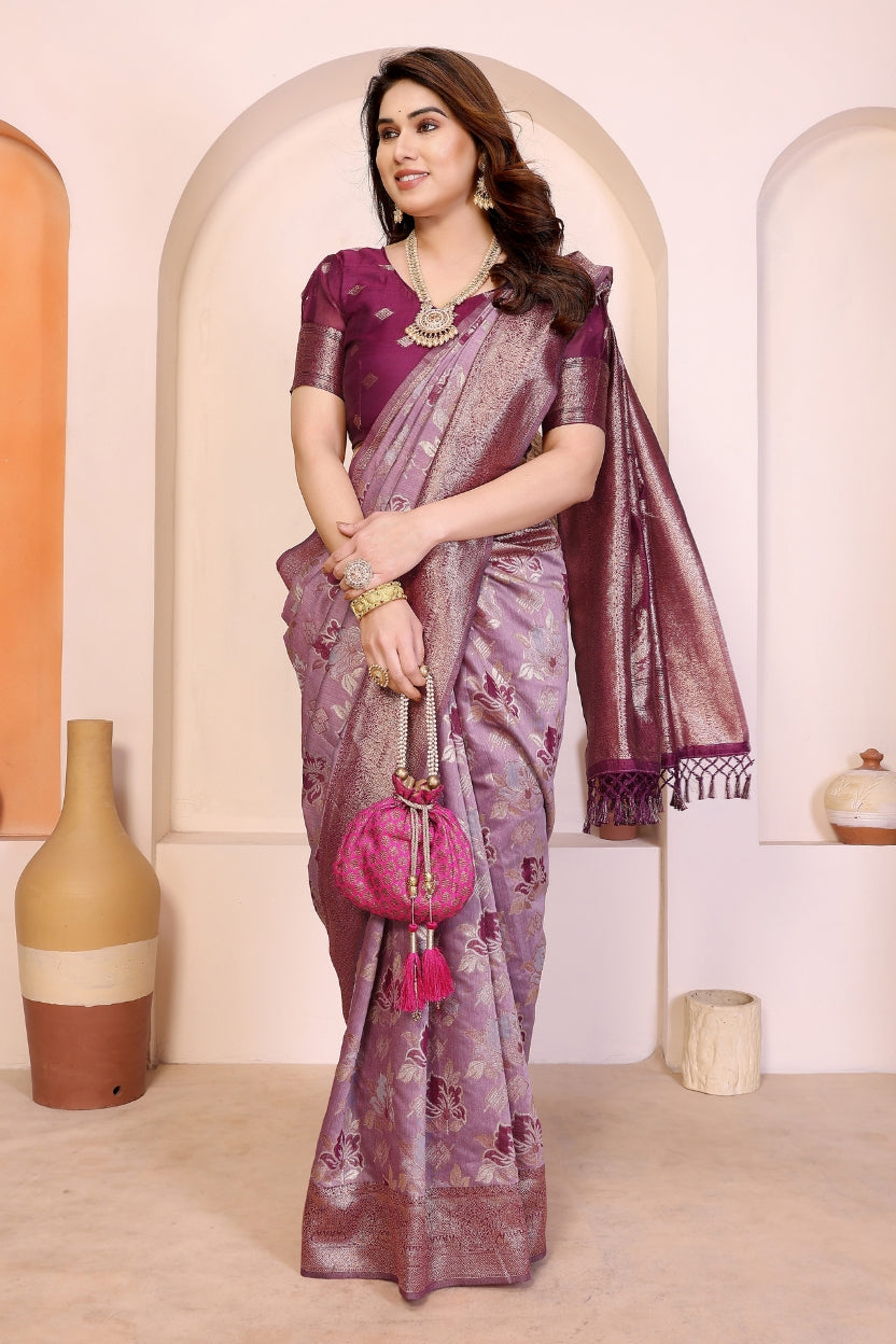 Purple Cotton Blend Jacquard Zari Saree