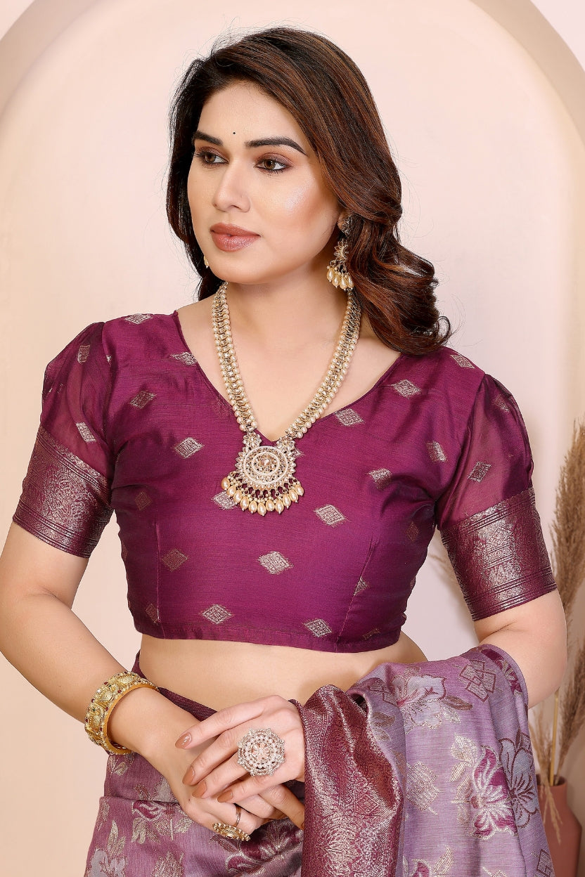 Purple Cotton Blend Jacquard Zari Saree