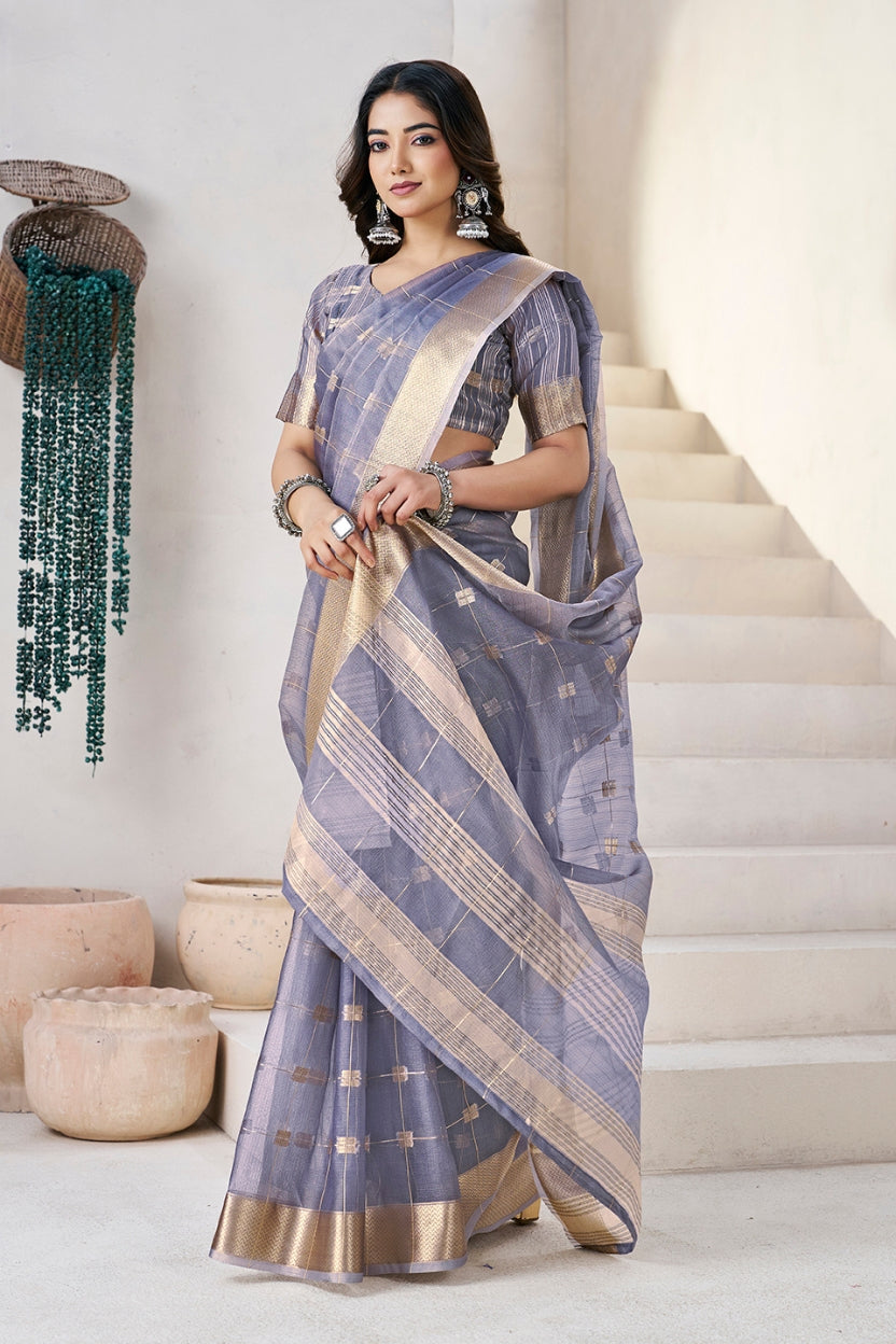 Purple Cotton Linen Zari Silk Weaving Saree