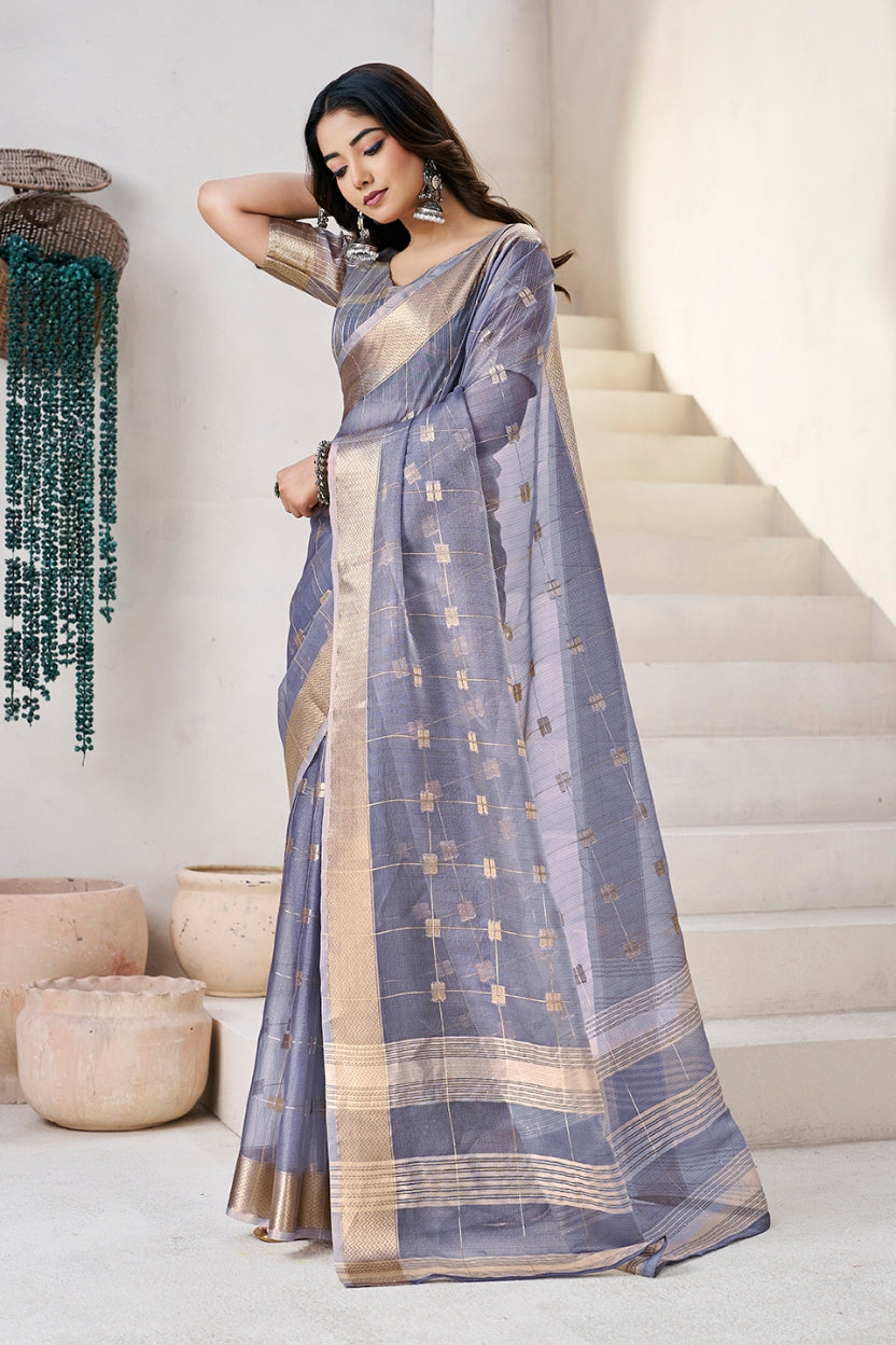 Purple Cotton Linen Zari Silk Weaving Saree