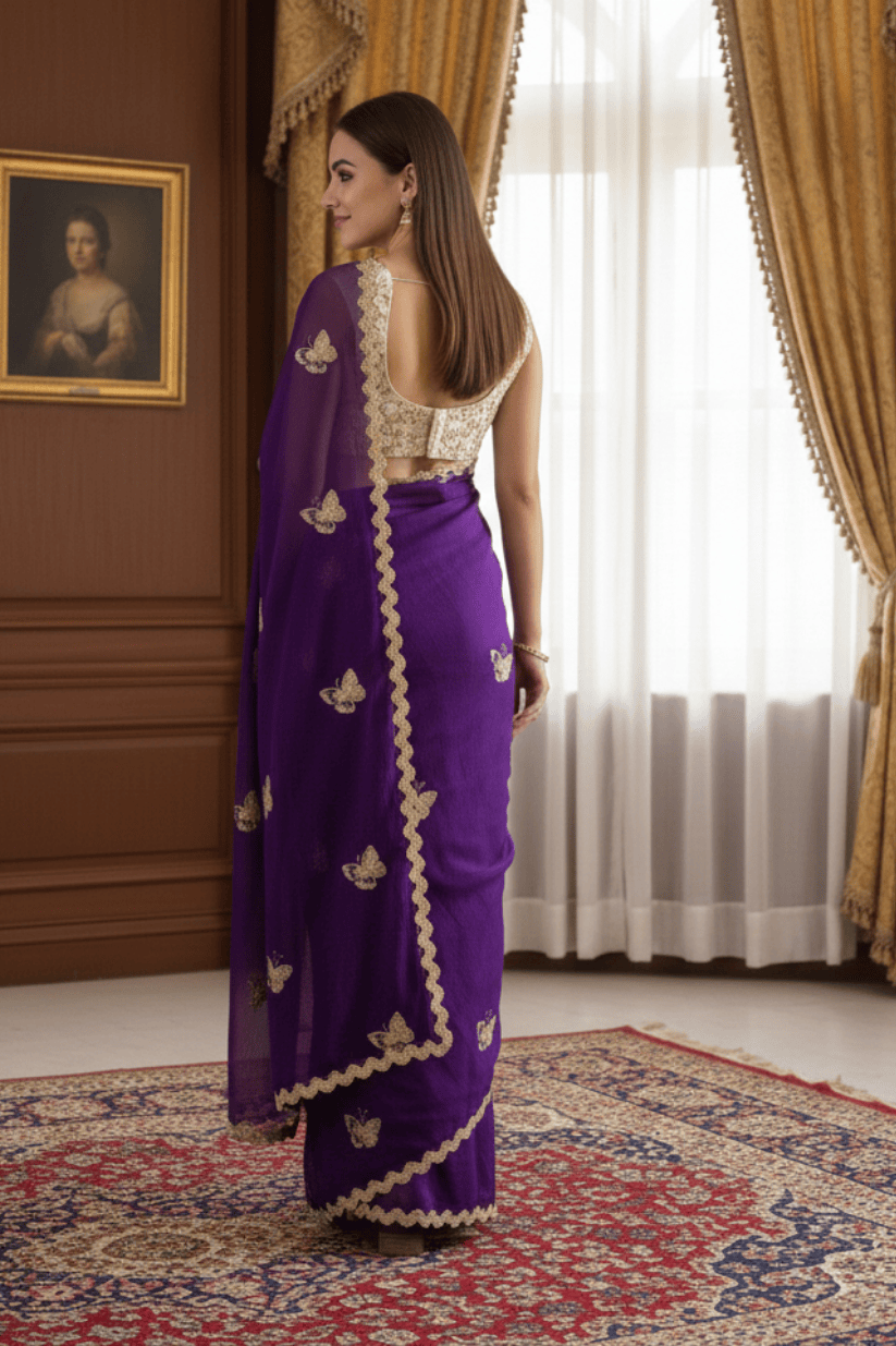 Purple Crunchy Silk Embroidery Saree