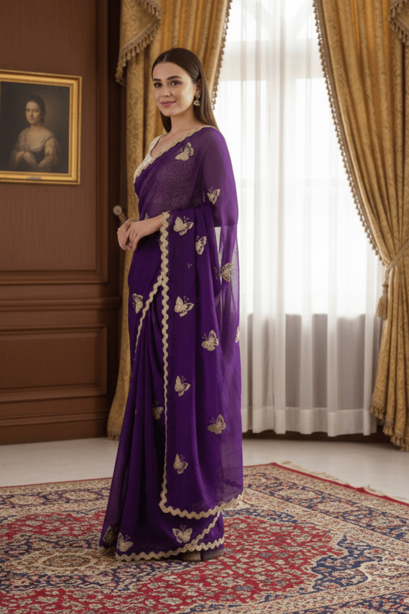 Purple Crunchy Silk Embroidery Saree