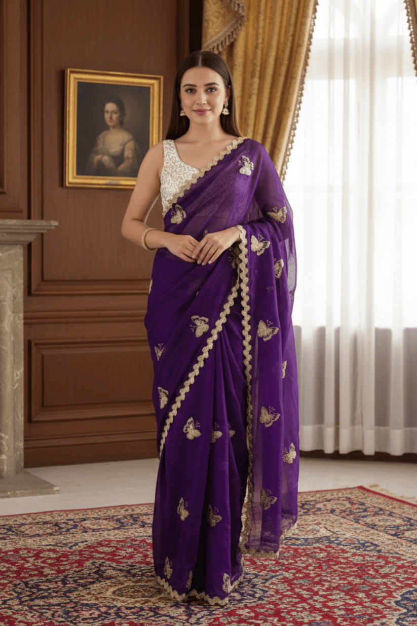 Purple Crunchy Silk Embroidery Saree
