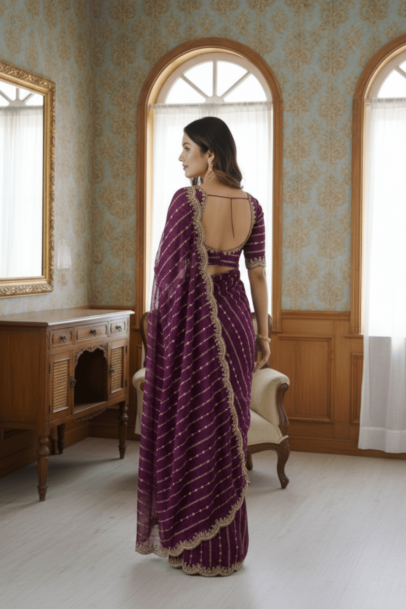 Purple Fendi Satin Embroidery Saree