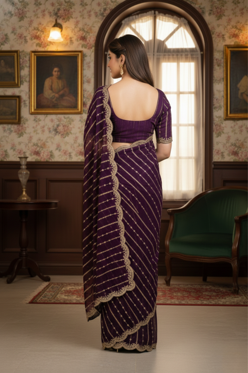 Purple Fendi Satin Embroidery Saree